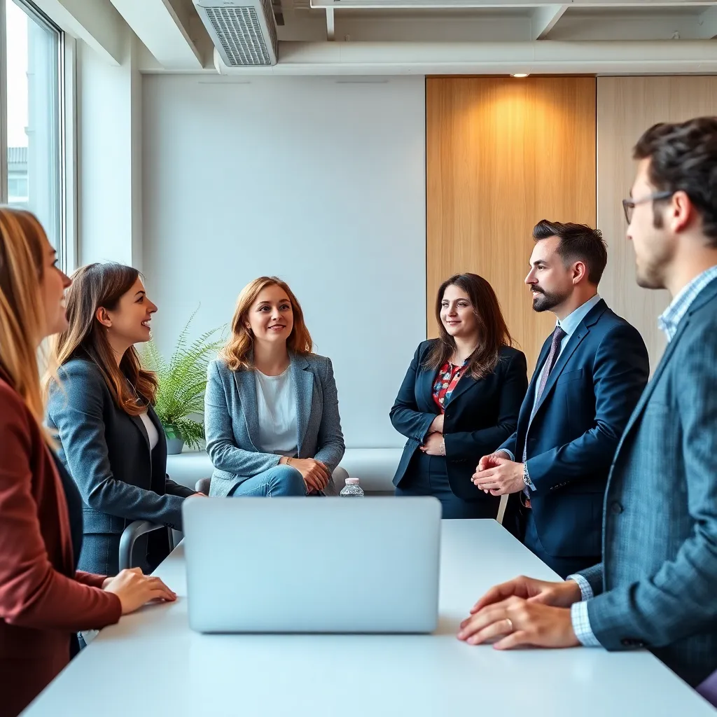 Diverse groep professionals in gesprek tijdens zakelijke bijeenkomst