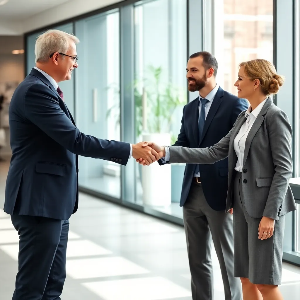 Twee professionals die formele handdruk uitwisselen in kantooromgeving